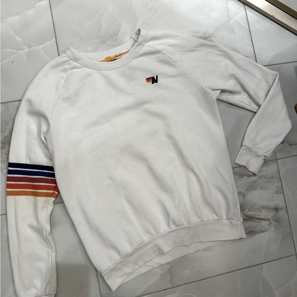 Aviator Nation White Crew Neck Sweater with Striped Sleeve